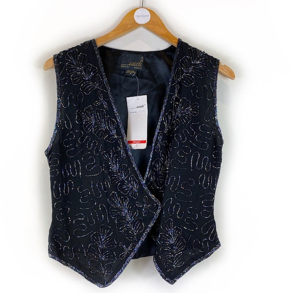Vintage 80/'s Sequin Black Silk Vest MediumLarge