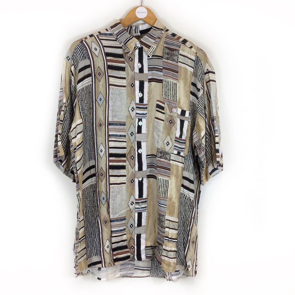 Image of Vintage Shirt, Men’S Retro Aztec Print 90S Festival Abstract Summer Patchwork Shirt