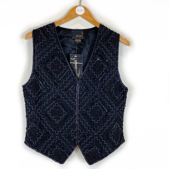 Vintage 80/'s Sequin Black Silk Vest MediumLarge