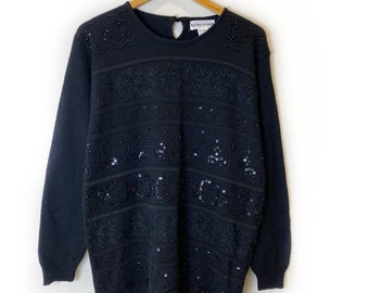 Vintage Jumper, 90s Jumper, Beaded Jumper, Wool Blend Jumper, Retro Jumper, Sequin Jumper, Black Jumper, Vintage Sweater