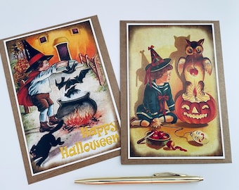 Vintage Halloween Card Set | Witch, Pumpkin & Black Cat Designs | Blank Notecards with Kraft Envelopes | Retro Holiday Cards.