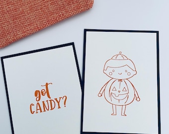 Mini Halloween Card Set | 5 Small Hand Stamped Notecards with Orange Envelopes | Trick or Treat Notes | Party Favor Accessory.