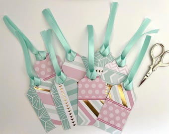Pastel Gift Tags | Set of 5 Handmade Tags with Mint Ribbon and Gold Foil Accents | Shabby Chic Gift Wrapping | Pink and Green Party Supplies