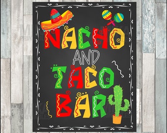 May include: A black chalkboard sign with a white border and the text "Nacho and Taco Bar" in colorful letters. The sign also features a sombrero, maracas, and a cactus.