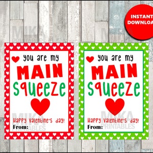 Imprimível Main Squeeze Valentine para a classe da escola, Applesauce Valentine Download, cartões de dia dos namorados da classe, imprimível Valentine para crianças