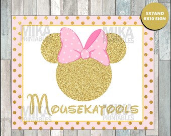 Printable Pink & Gold Glitter Minnie Mouse 5x7 and 8x10 Mousekatools Party Sign, INSTANT DOWNLOAD