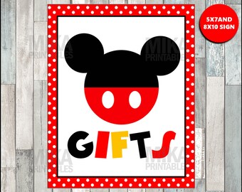 Printable Mickey Mouse 5x7 and 8x10 Gifts Party Sign, INSTANT DOWNLOAD