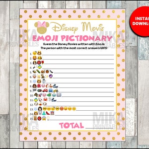 Minnie Baby shower game, The Movie Emoji Pictionary printable, Pink, polka dot, Glitter , ANSWERS included, INSTANT DOWNLOAD