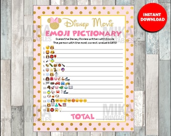 Minnie Baby shower game, The Movie Emoji Pictionary printable, Pink, polka dot, Glitter , ANSWERS included, INSTANT DOWNLOAD