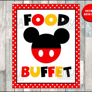 印刷可能なミッキーマウスフードビュッフェ5x7と8x10パーティーサイン、即時ダウンロード