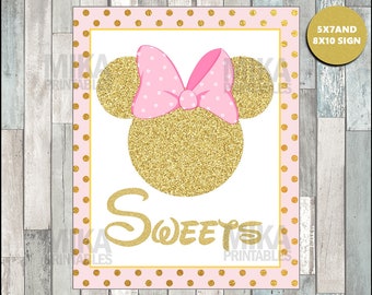 Printable Pink and Gold Glitter Minnie Mouse Printable 5x7 and 8x10 Sweets Sign, INSTANT DOWNLOAD