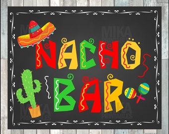May include: A chalkboard sign with a colorful "Nacho Bar" sign, a sombrero, a cactus, and maracas. The sign is framed with a white decorative border.
