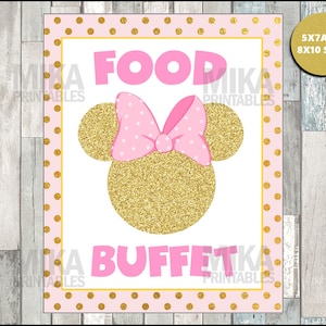 Printable  Pink and Gold Glitter Minnie Mouse Food Buffet 5x7 and 8x10 Party Sign, INSTANT DOWNLOAD