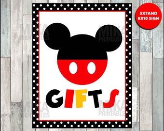 Printable Mickey Mouse 5x7 and 8x10 Gifts Party Sign, INSTANT DOWNLOAD