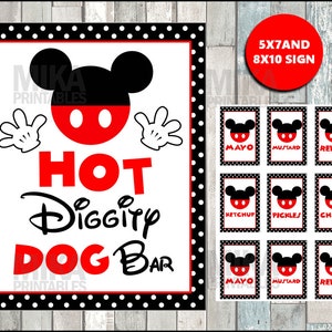 Printable Mickey Mouse 5x7 and 8x10 Hot Diggity Dog Bar Party Sign, Condiment Labels, INSTANT DOWNLOAD
