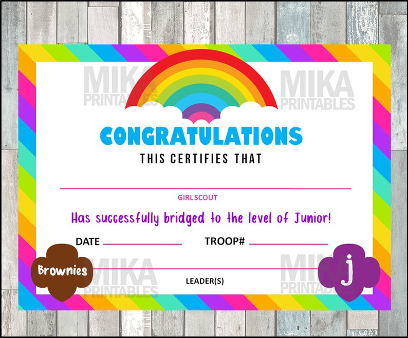 Girl Scout Bridging Certificate Brownie to Junior Printable | Etsy