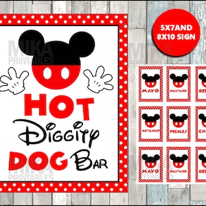 Printable Mickey Mouse 5x7 and 8x10 Hot Diggity Dog Bar Party Sign, Condiment Labels, INSTANT DOWNLOAD