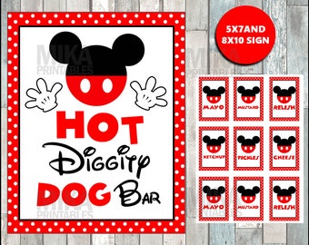 Printable Mickey Mouse 5x7 and 8x10 Hot Diggity Dog Bar Party Sign, Condiment Labels, INSTANT DOWNLOAD