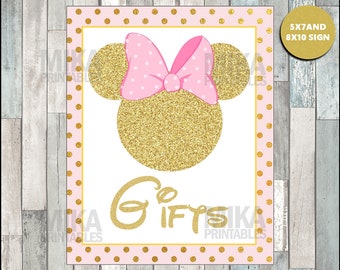 Printable Pink and Gold Glitter Minnie Mouse 5x7 and 8x10 Gifts Party Sign, INSTANT DOWNLOAD