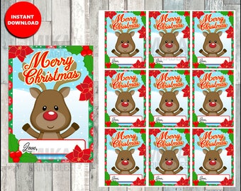 May include: Printable Christmas gift tags featuring a cartoon reindeer with a red nose and antlers. The tags have a blue background with the words "Merry Christmas" in red and white. Includes a space to write "Love,"