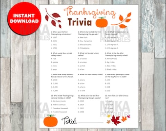 May include: Thanksgiving Trivia printable game with multiple-choice questions. The design includes a red circle with "Instant Download" text, orange pumpkins, and fall leaves. The game is on a white background.