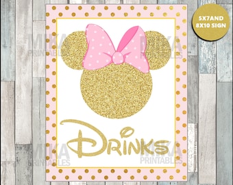 Printable Pink and Gold Glitter Minnie Mouse 5x7 and 8x10 Drinks Party Sign, INSTANT DOWNLOAD