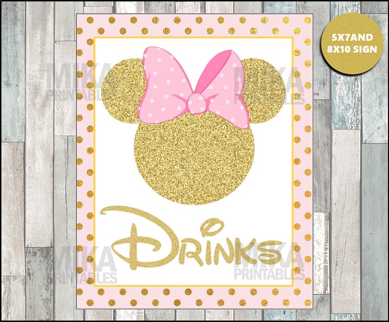 Printable Pink and Gold Glitter Minnie Mouse 5x7 and 8x10 Drinks Party Sign INSTANT DOWNLOAD