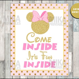 Minnie Mouse com glitter rosa e dourado para impressão 5x7 e 8x10 Come Inside, It&#39;s Fun Inside Party Sign, DOWNLOAD INSTANTÂNEO
