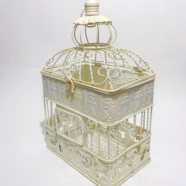 Decor Bird cage, vintage, garden decor, hinged, dome top,cream wire bird cage, French shabby chic