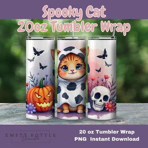 Envoltura para vaso de Halloween con un lindo gato espeluznante, divertido diseño de sublimación para vaso de otoño de 20 oz, descarga digital de un lindo gato fantasma