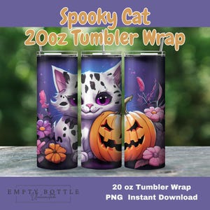Envoltura para vaso de Halloween con un lindo gato espeluznante, divertido diseño de sublimación para vaso de otoño de 20 oz, descarga digital de un lindo gato fantasma