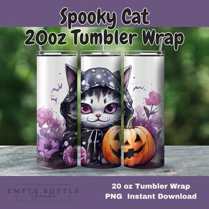 Envoltura para vaso de Halloween con un lindo gato espeluznante, divertido diseño de sublimación para vaso de otoño de 20 oz, descarga digital de un lindo gato fantasma