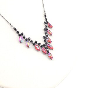 AVON RHINESTONE VINTAGE Crystal Necklace c1980's 16" Red Aurora Borealis & Black Silverplated Hollywood Glam Statement Anniversary Gift