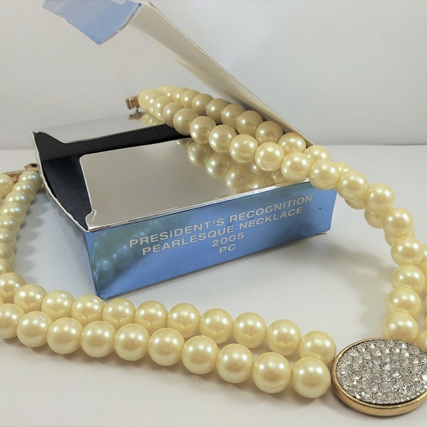 RARE AVON 2 Strand PEARL Necklace, President's Recognition Award, rhinestone center, adjustable 15-18" like New bridal anniversary gift