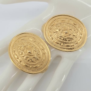 VINTAGE LES BERNARD Clip Earrings Big 1.5"w x 1.75"h Gold Tone c1960's Stamped Excellent Condition Statement Piece Hollywood Glam Gift