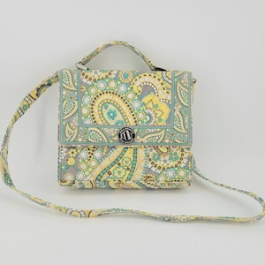 VERA BRADLEY CROSSBODY Handle Bag Purse 9.5&quot;W x 8&quot;H x 3&quot;D &quot;Lemon Parfait&quot; retired pattern floral gray yellow turquoise blue birthday gift