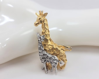ADORABLE Vintage JJ Mother & Baby GIRAFFE Brooch Pin Gold Silver Tone 2"H x 1"W Jonette Jewelry c1980's collector gift Africa zoo