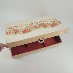 MIDCENTURY LADY BUXTON Style Upcycled 2 Tier Jewelry Box Vintage c1950's Large 14"W x 8.5"D x 4"H  red satin hooks anniversary gift