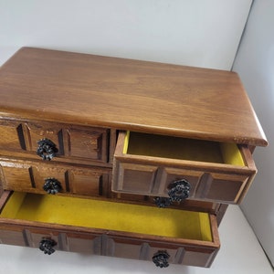 VINTAGE JEWELRY MUSIC Box c1970&#39;s Plays &quot;Somewhere My Love&quot; 10&quot;w x 5&quot;d x 7.5&quot;h mid-century style 4 drawers yellow velvet anniversary gift