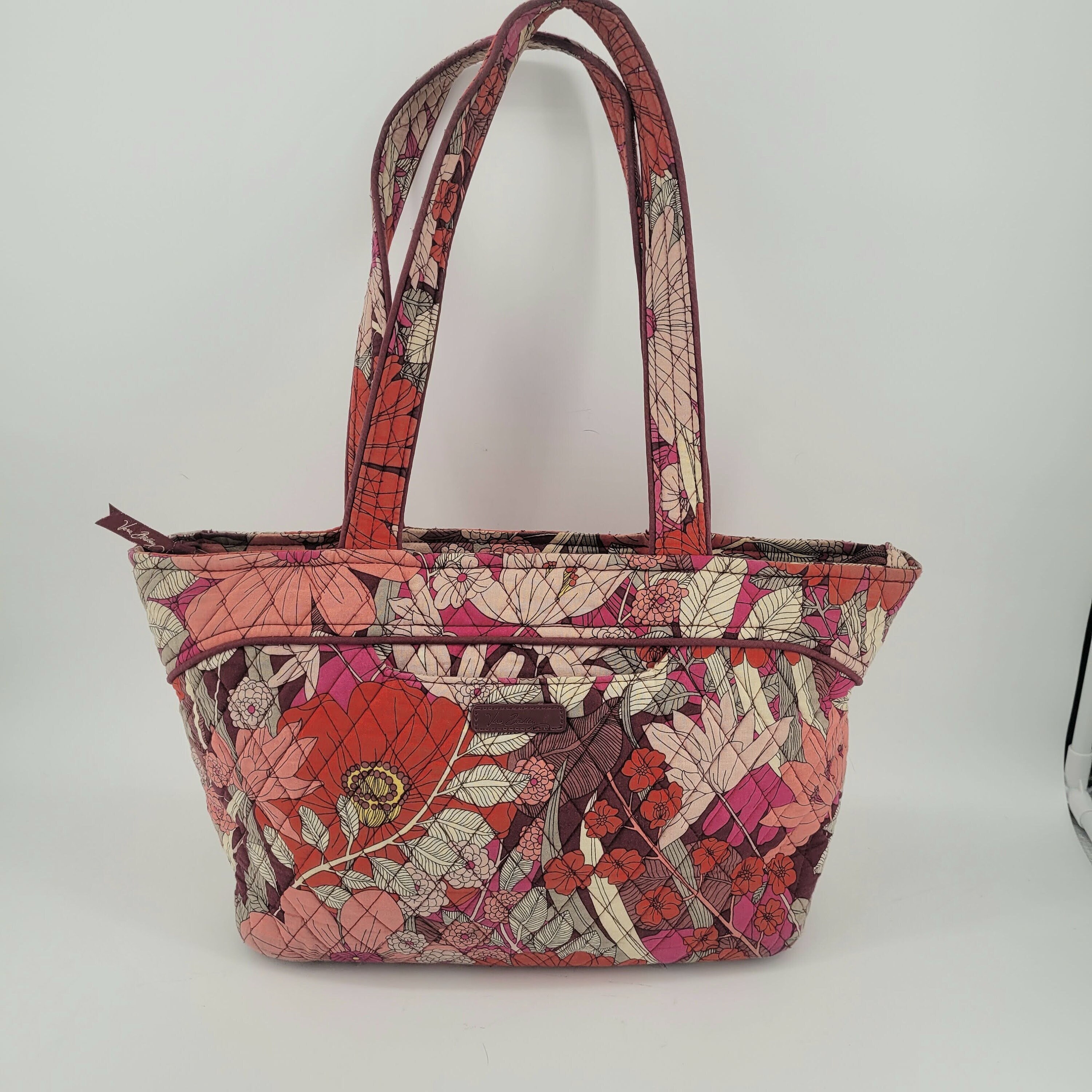 Vera Bradley Shoulder Bag Purse Huge 16 W x 9.5 H x 6 D Bohemian Blooms Retired Pattern Red Pink Burgundy 2 Straps 7 Pockets Travel Gift