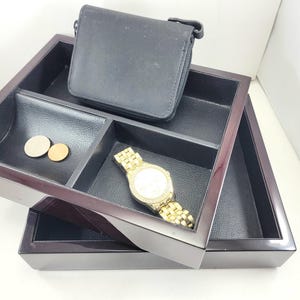 STACKABLE TRAYS MEN'S Jewelry Box Valet Catchall Dresser Organizer 8.5"W x 7.25"D x 3.5"H Vintage c1980's coins wallet cell black brown gift