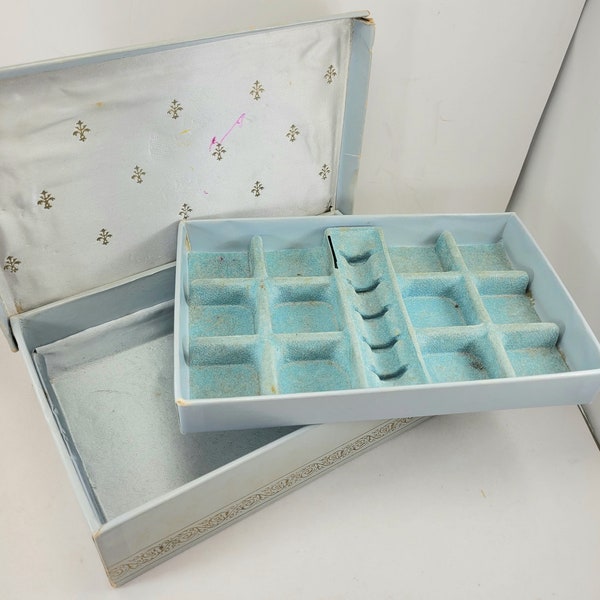 c1950's VINTAGE MELE Style 2 TIER Light Blue Jewelry Box 8 1/2"W x 5 1/2"D x 3"H satin velvet lift tray gold trim mid-century style gift