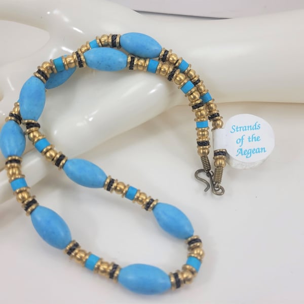 GREECE TURQUOISE Colored NECKLACE 21" Blue Ceramic Beads Gold Tone "Strands of the Aegean Sea" New w/Tag Vintage Birthday Anniversary gift