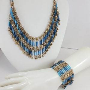 RARE EGYPTIAN REVIVAL Jewelry Set c1930's Faience Beaded Necklace & Bracelet blue brass filigree Art Deco style gift statement