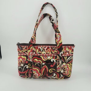 VERA BRADLEY SHOULDER Bag Purse Large 16&quot;W x 10&quot;H x 4&quot;D &quot;Puccini&quot; retired vintage pattern red yellow brown lots pockets travel craft gift