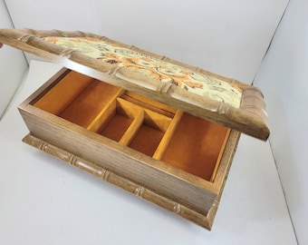 VINTAGE c1970's FABRIC-TOPPED Jewelry Box 10"W x 6"D x 4"H mirror orange velvet fall leaf fabric padded top footed Excellent Condition gift