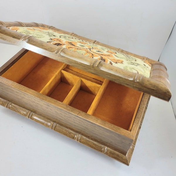 VINTAGE c1970's FABRIC-TOPPED Jewelry Box 10"W x 6"D x 4"H mirror orange velvet fall leaf fabric padded top footed Excellent Condition gift