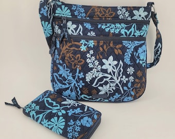 VERA BRADLEY CROSSBODY Purse + Wallet 12"w x 12"h "Java Floral" Retired Pattern Blue Brown Adjustable Strap 4 pockets I.D. Credit Cards Gift