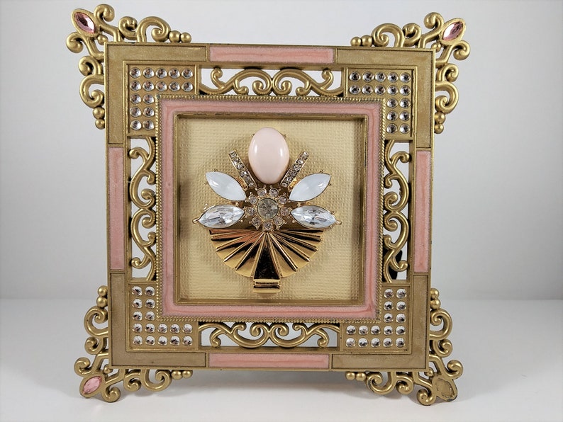 love friendship teacher anniversary gift OOAK rhinestone gold Framed Vintage Jewelry Artwork Picture flower angel Pink Art Deco Floral
