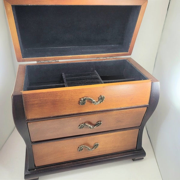 VINTAGE JEWELRY BOX Mele Style c1980's Tall 11"w x 6"d x 10.5"h wood black velvet 2 drawer valet catchall dresser organizer gift men's